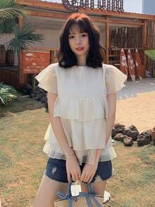 FRIFUL 女士圆领花瓣袖宽松衬衫，层叠荷叶边下摆，夏季款 - 杏色 - 查看 6