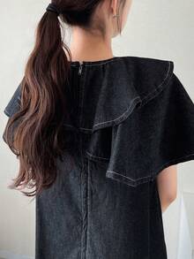 FRIFUL Women's Ruffle Tie Neck Loose Straight Casual Denim Dress - Blue - View 7