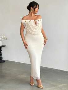 Firerie 大码优雅浪漫精致正式派对度假约会无袖垂领深V领镂空金属装饰网纱修身弹力连衣裙，女士，春夏款 - 杏色 - 查看 6