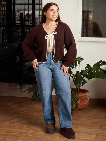 Lupita Cardoza 女式花卉装饰前系带长袖休闲针织开衫，秋冬