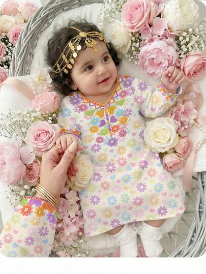 Bata árabe con estampado floral, cuello elegante con flores, vestido árabe tradicional de manga larga, casual y sencillo, adecuado para primavera y verano, elegante y digno vestido de manga larga, bata de oración, cómodo y casual, estilo de vacaciones, digna bata kaftan, bata árabe para niños, jalabiya para bebé niña, ropa árabe para bebé niña, ropa musulmana para bebé niña, conjunto de San Valentín para bebé niña