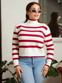 Lupita Cardoza 女式休闲拼色条纹立领毛衣，秋冬 - 紅白色 - 查看 3