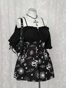 Sunspun Plus Size Women's Ruffle Trim Dark Goth Style Off Shoulder Sun Face Print Front Tie Dress - Black - View 4