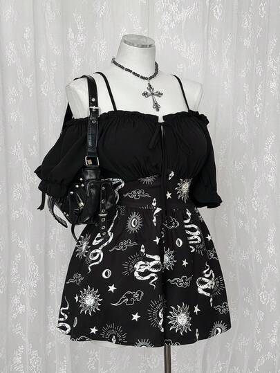 Sunspun Áo liền quần cỡ lớn dành cho nữ, kiểu dáng Gothic tối màu, viền bèo nhún, hở vai, in hình mặt trời và thắt dây phía trước.