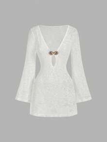 SHEIN MOD Women's White Summer Casual Holiday Party Vacation Holiday Solid Color Flare Sleeve Knit Cover Up,Spring/Summer Outfit,Beach Dress,Elegant,Vintage - White - View 4