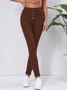 Women's Casual Skinny Denim Jeans - Coffee Brown - View 4