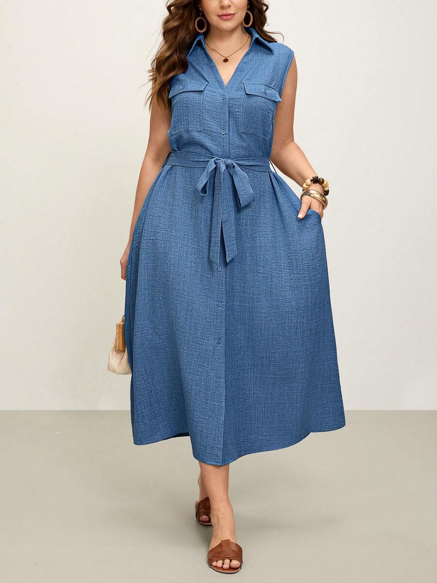 Comfylo 大码女式夏季休闲度假日常通勤翻盖口袋系带无袖连衣裙 - 藍色 - 查看 1