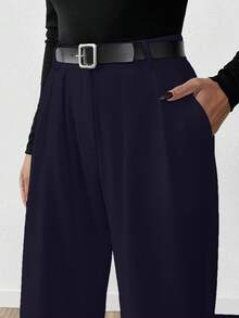SHEIN Cottnline Women Solid Color Extra Wide Leg Pants - Navy Blue - View 6