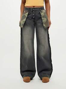 SUMWON Jeans de talla grande con cintura alta y pierna ancha, con bolsillos de camuflaje y lavado vintage - Negro - Ver 1