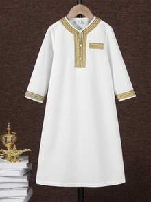 SHEIN 2pcs Young Boy Middle Eastern Casual Solid Color Gold Ribbon Vest Mandarin Collar Half-Open Abaya Set, Suitable For Autumn, Spring, Summer, Suitable For Outdoor Play, School, Street Photography, Parties, Holiday Gatherings, Ramadan Jalabiya, Ramadan - White - View 2