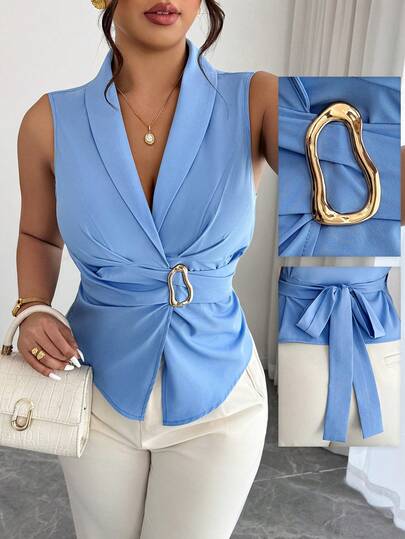 Elenzga 大码V领优雅系腰无袖衬衫