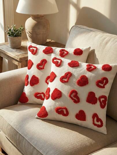 1/2件装情人节装饰枕套，爱心图案，簇绒刺绣帆布，婚礼节日用品，客厅沙发装饰