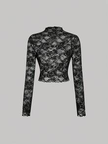 SHEIN MOD 3件套女士蕾丝透视长袖黑白上衣，蕾丝上衣，黑白上衣，3件装女士薄纱蕾丝长袖露脐上衣，高领设计，春夏款，优雅上衣，外出上衣，生日装，嘉年华服装，多件装上衣，漏斗领上衣 - 黑與白 - 查看 6