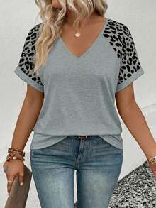 EMERY ROSE Plus Size 2025 New Women's Fashion Casual Leopard Print V-Neck Loose Comfortable Short Sleeve T-Shirt - Grey - View 5