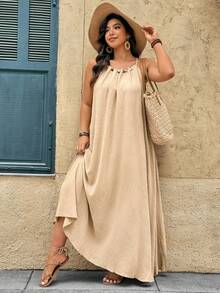 SHEIN LUNE Plus Size Women's Khaki Summer Boho Beach Holiday Beaded Halter Maxi Dress,Elegant Waist-Cinched A-Line Flowy Dress For Vacation,Parties&Weddings - Apricot - View 9