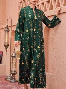 Al Najma 新款奢华金箔印花翻领流苏边宽松土耳其长袍 - 墨綠色 - 查看 7