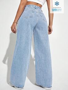 SHEIN EZwear 大码休闲宽松直筒牛仔裤，带口袋，百搭浅色牛仔裤 - 淺色水洗藍 - 查看 2