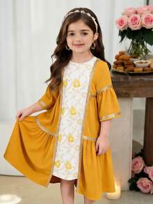 SHEIN 少女碎花撞色圆领休闲连衣裙 - 彩色 - 查看 2