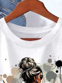 SHEIN 女士休闲人像图案圆领短袖T恤，夏季 - 白色 - 查看 3