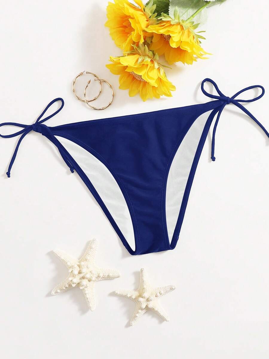 Swim Vcay Solid Color Knotted Triangle Bikini Bottom, Suitable For Beach, Summer - Navy Blue - View 1