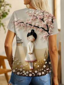 Women's Cute Girl Under Sakura Tree Digital Print Round Neck T-Shirt - Multicolor - View 2