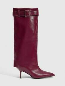 Daringsoles Women's Pointed Toe Buckle Design PU Leather Thigh High Boots, Fashionable & Versatile For Daily Wear - Burgundy - View 1