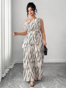 Elenzga Plus Size Women's Elegant Twist Shoulder Asymmetrical Hem Waist Fitted 2 Pieces Set, Suitable For Work, Spring/Summer - Apricot - View 5