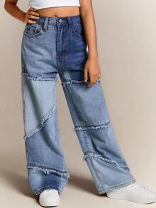 Radiana Tween Girls Y2k Fashionable Washed Distressed Light & Dark Blue Splice Raw Edges Loose Fit Denim Baggy Pants,For Girls Spring/Summer Streetwear Outfits - Medium Wash - View 1