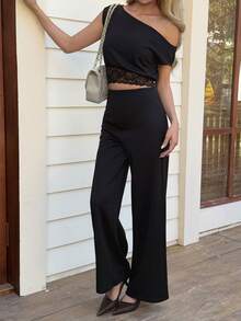 Livesso Frühlings- und Sommer-Mode schwarzes asymmetrisches Schulter-Kurzoberteil mit Spitzenbesatz, gerade geschnittene Lässig Hose Set, Business-Casual Urlaubs-Elegant Pendler Damen 2-teiliges Outfit Loungewear Set für Frauen - Schwarz - Übersicht 7