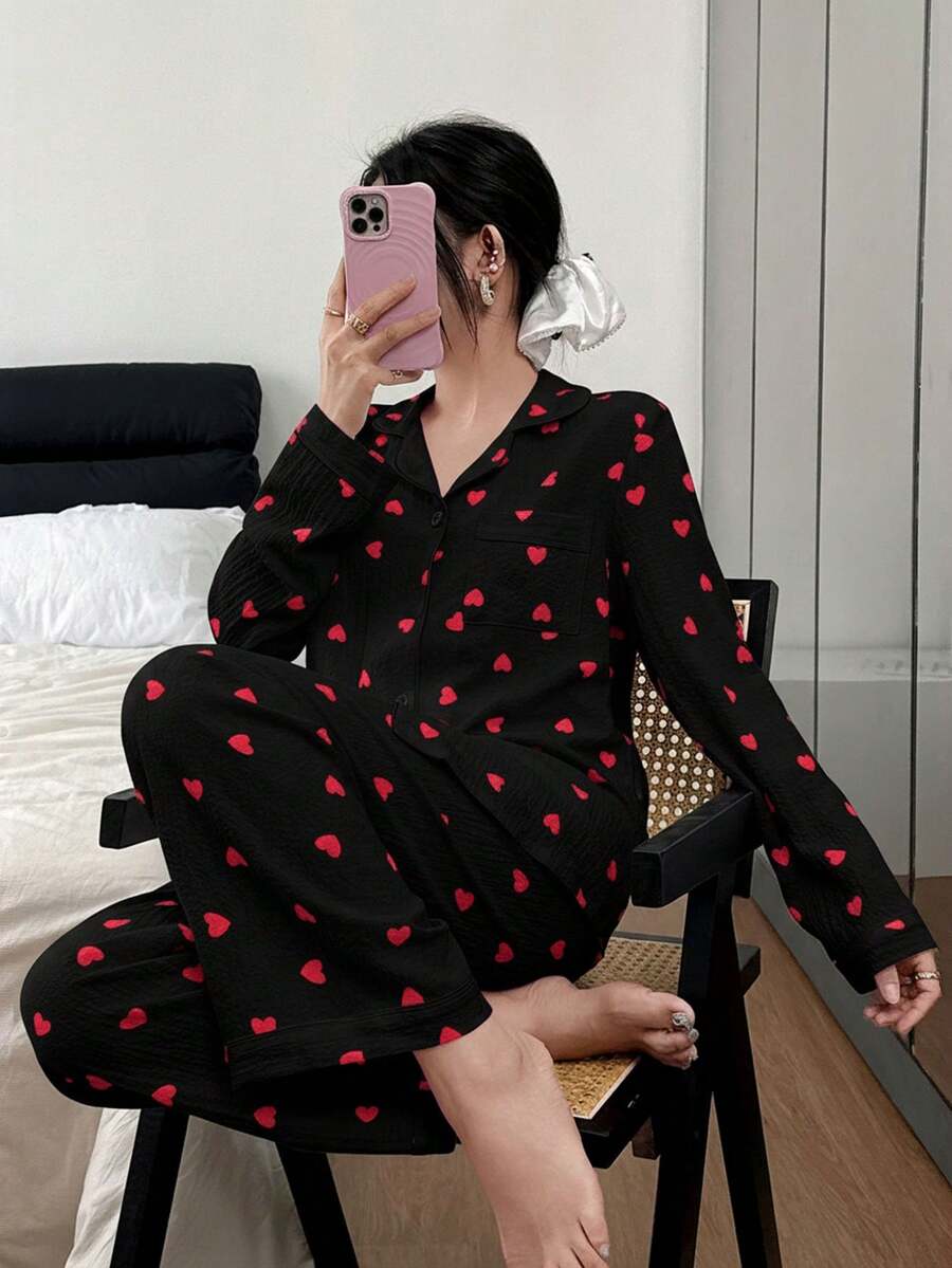 Dream Adore 女士泡泡褶皱爱心印花家居服套装,适合室内外穿着 - 黑色 - 查看 1