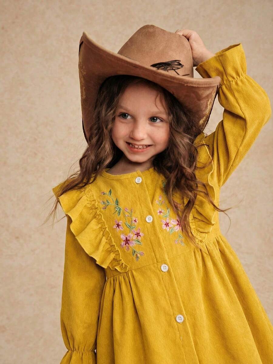 Young Girl Floral Embroidery Ruffle Trim Flounce Sleeve Button Front Cord Dress Dark Green Dress For Young Girl, Girls Spring Autumn French Style Dress, Long Sleeve Girls Dress, Yellow Dress For Kids, Yellow Stylish Dresses For Girls - Yellow - View 1