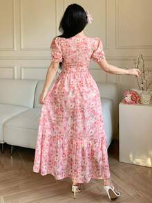 DAZY Women's Pink Bubble Dress With Rose Print, Elegant - Pink - View 2