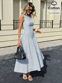 Siren Gaze 女士条纹无袖中长连衣裙 舒适夏季A字摆裙 时尚女士白蓝条纹无袖长裙 浅蓝色长裙 条纹长裙 夏季优雅连衣裙 休闲长裙 - 藍白色 - 查看 7