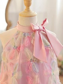 SHEIN 女童立領網紗碎花休閒寬鬆細肩帶洋裝 - 粉色 - 查看 7