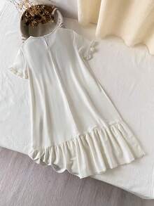 Girls' Casual Vintage Printed Pattern Minimalist V-Neck Ruffle Hem Dress, Loungewear - Apricot - View 2