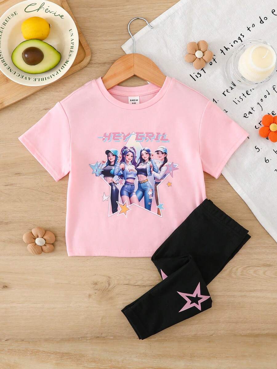 SHEIN 女婴卡通字母印花圆领短袖上衣和裤子休闲套装 - 彩色 - 查看 1