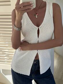 Livesso 女士宽松商务休闲无袖开衫针织衫，时尚办公着装设计，春夏款 - 白色 - 查看 2