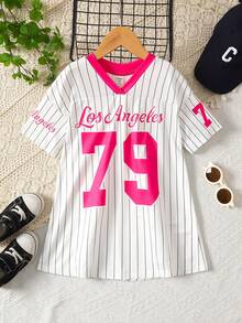 SHEIN Đầm babydoll kẻ sọc in số dáng rộng, phong cách thể thao thường ngày, thời trang đường phố dành cho bé gái. - Nhiều màu - Xem 5