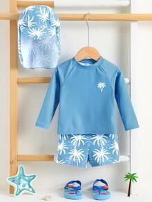 SHEIN Conjunto de 3 piezas para bebé unisex: Bañador de manga larga con protección solar y gorro con estampado de árbol de coco azul, adecuado para la playa, la piscina y las vacaciones - Neblina azul - Ver 4