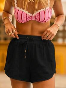 Aralina Beach Drawstring Rope Detail High Waist Summer Vacation Cover Up Shorts - Black - View 7