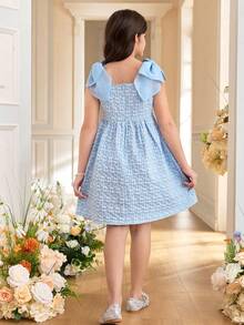 SHEIN Đầm công chúa dáng xòe, không tay, ôm sát, họa tiết hoa, chất liệu jacquard, dành cho bé gái tuổi teen, kiểu dáng thanh lịch, chất liệu dệt jacquard, có nơ 3D, màu xanh dương. - Màu xanh lam - Xem 2