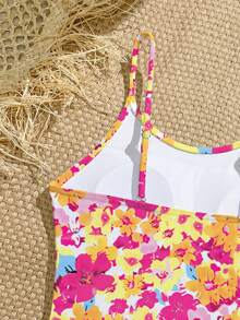 热带花卉印花连体泳衣，适合青少年女孩，弹性梭织面料，适合海滩度假 - 白色 - 查看 5