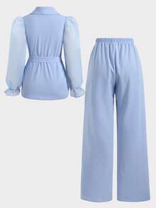 2件套少女宽松可爱立领无袖连衣裙和翻领外套 - 藍色 - 查看 4