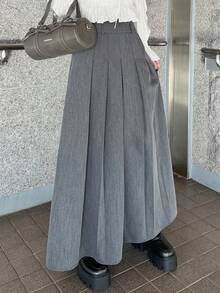 DAZY 女士纯色高腰百褶休闲中长裙 - 灰色 - 查看 6