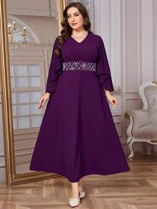 Reflora Đầm dài tay cổ chữ V đính đá lấp lánh dành cho nữ cỡ lớn, thích hợp cho các buổi tiệc hoặc sự kiện thường ngày. - Màu tím - Xem 8