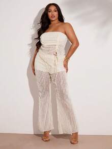 SHEIN BAE Plus Size Women's Apricot Sheer Bandeau Top And Straight Leg Pants Set Summer Pant Set Mesh Pant Set, Summer Outfits - Apricot - View 7