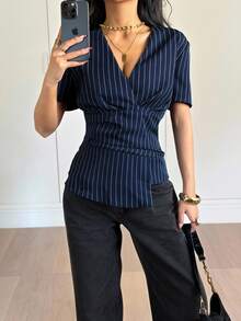 Siren Gaze 新款褶裥腰身条纹修身衬衫，藏蓝色复古时尚办公衬衫，女士必备工作服，教师制服，办公服装 - 藏蓝色 - 查看 6