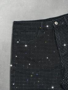 Manfinity EMRG Men's American Hip Hop Street Fashion Party Life Rhinestone Washed Black Denim Shorts - Black - View 5