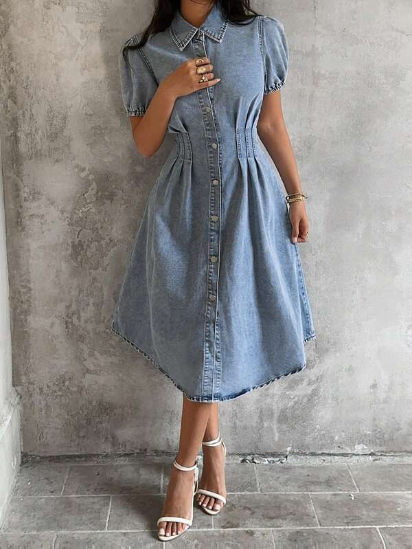 SHEIN Plus Size Solid Color Front Button Casual Short Sleeve Denim Dress, Spring/Summer
