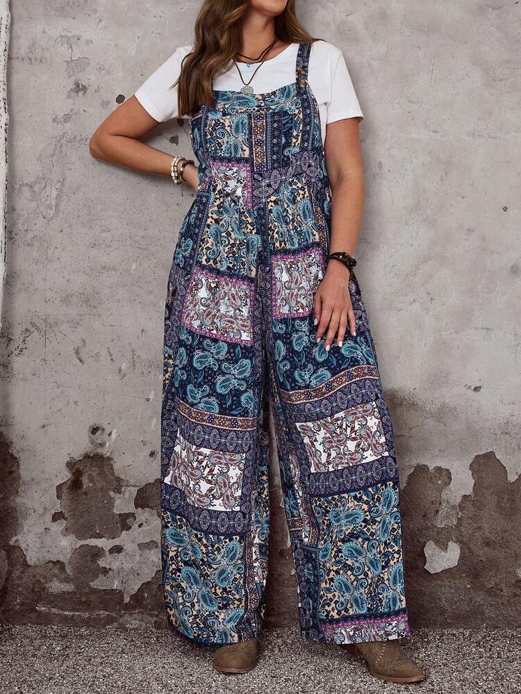 Plus Size Women's Summer Casual Vacation Country Paisley And Floral Print Pocketed Wide Leg Jumpsuit, Relaxed Fit,Summer Clothes,Vacation Outfits Woman / Vacation,Boho Women Clothing,Summer Holiday,Spring Break Outfits ,Vacation Outfits Women ,Holiday Outfits For Women,Going Out Outfits,2026 New Clothes,Simple And Fashionable For Everyday Wear,Suitable For Summer, Vacation, Daily Wear, Boho Jumpsuit For Women, Boho Women's Clothing, Bohemian Clothes For Women,Beach Outfits For Women ,Western Style